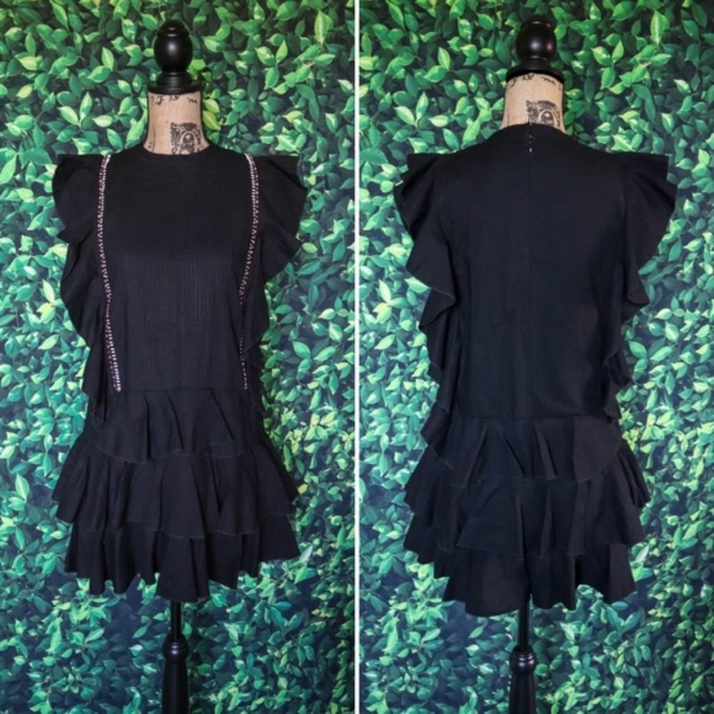 Anthropologie Piper Ruffle Mini Dress Black Beaded Sleeveless Boho Size Small